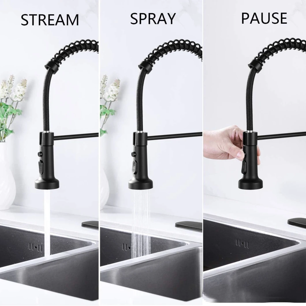 Aquacubic Factory Direct Lead Free Solid Brass Cupc Certified Deck Mounted Single Handle Pull Down Spring Black Kitchen Faucet