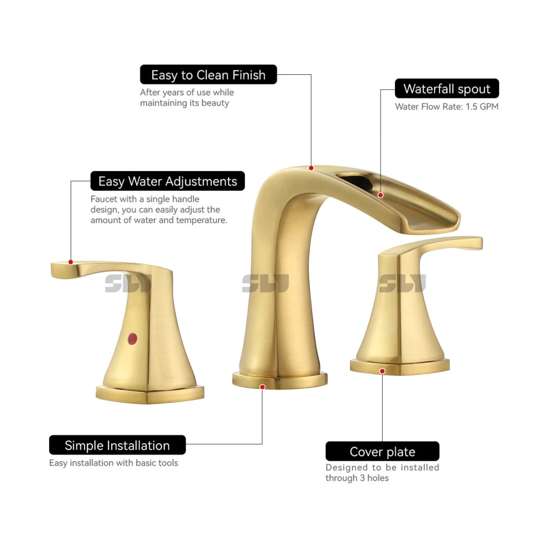 Sly Faucet Factory Supply Cupc 8" Widespread Faucet Brushed Gold Brass Basin Faucet for Bathroom Lavatory